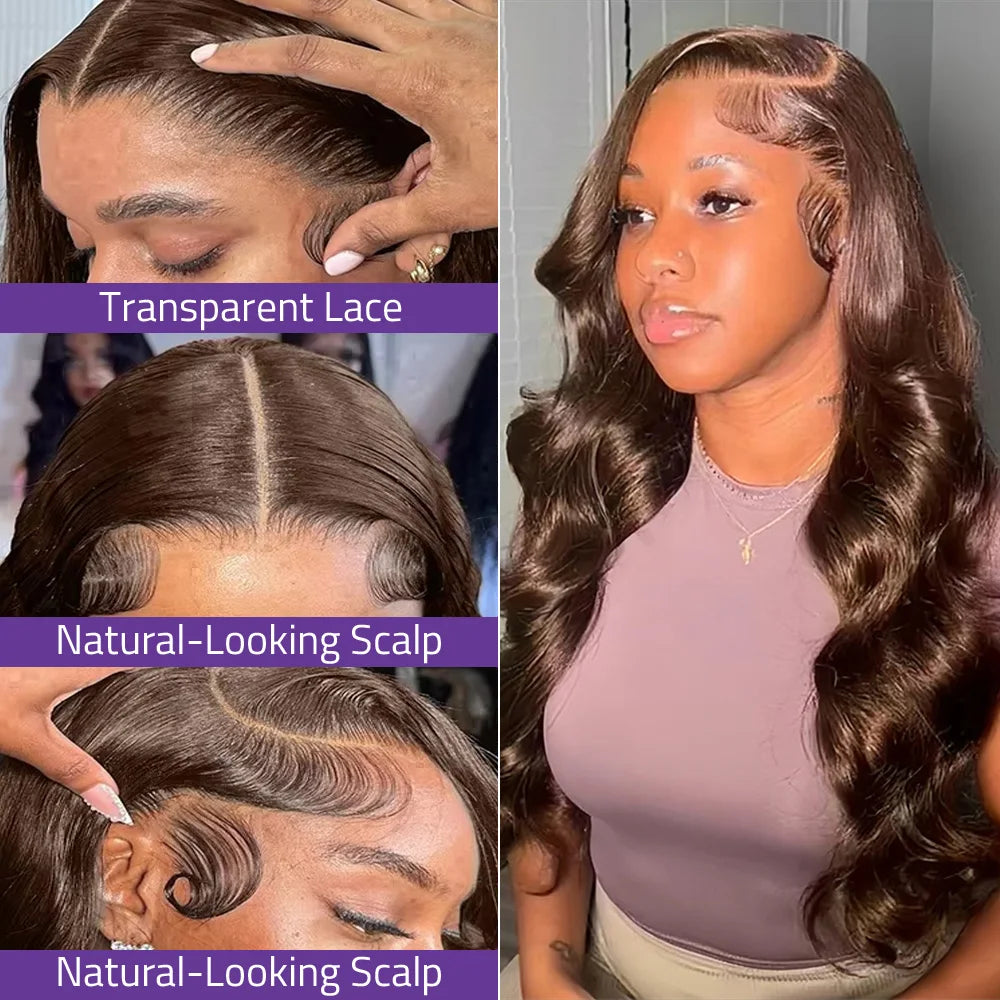 13x6 HD Body Wave Chocolate Brown Lace Front Wig Human Hair Brazilian Transparent 13x4 Lace Frontal Wigs Pre Plucked For Women