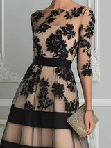 Women Elegant Mesh Midi Formal Dress, Off‑Shoulder 3/4 Sleeve Flocked Floral Stripe Waist‑Cinching Party Dress 2026 European Ame