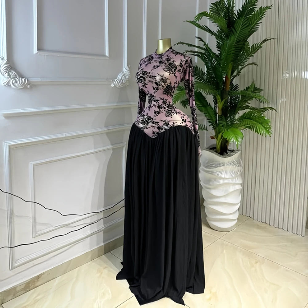 Two Color Patchwork Women Dress Fashion Sheer Mesh Top Long Sleeve Maxi Dress Parties Wear Elegant African Robe with Inner Dress