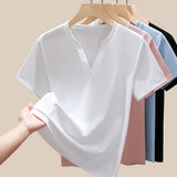 Women's 80s Double-Sided Mercerized Pima Cotton V-Neck T-Shirt 2025 Summer Oversized Slim Fit Soft Breathable Casual Comfy Top