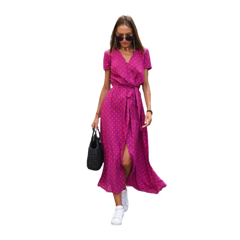 Printed Dress 2025 Summer V-neck Split Fork Medium and Long Group European and American Cross-border Women's Clothing