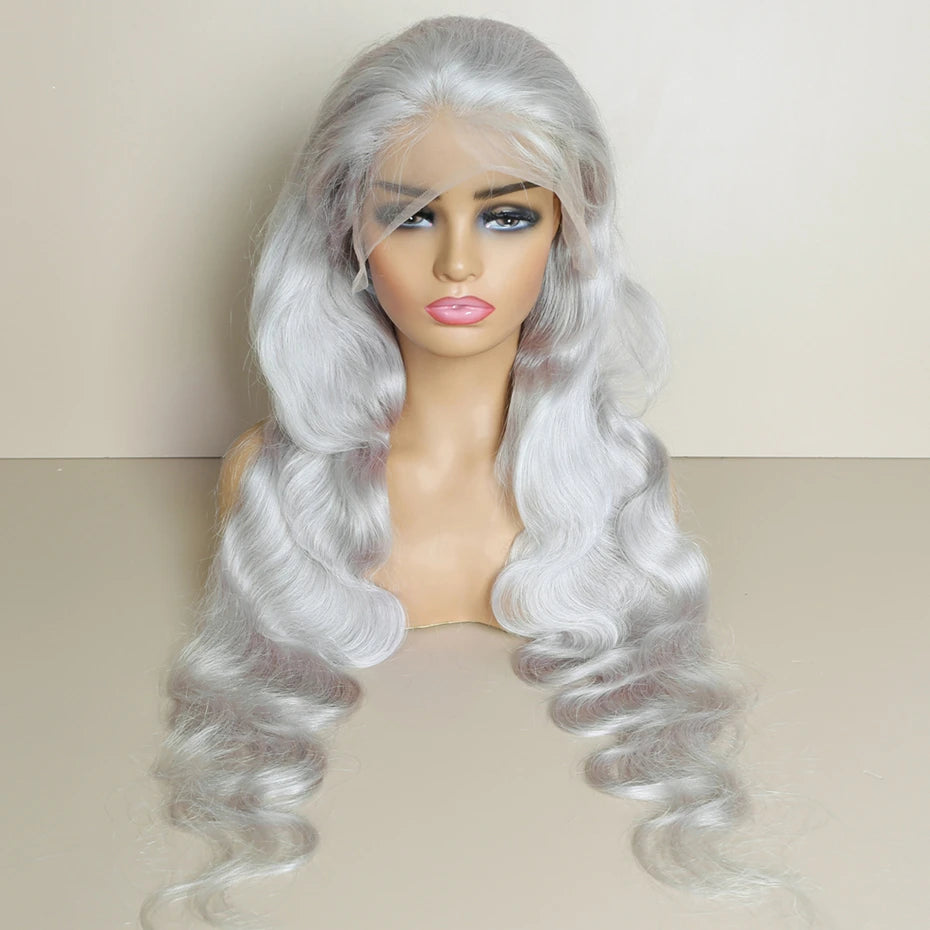 13x6 Silver Grey Colored Lace Front Wigs For Women Gray Long Body Wave Remy Transparent Lace Frontal Human Hair Wig Pre Plucked