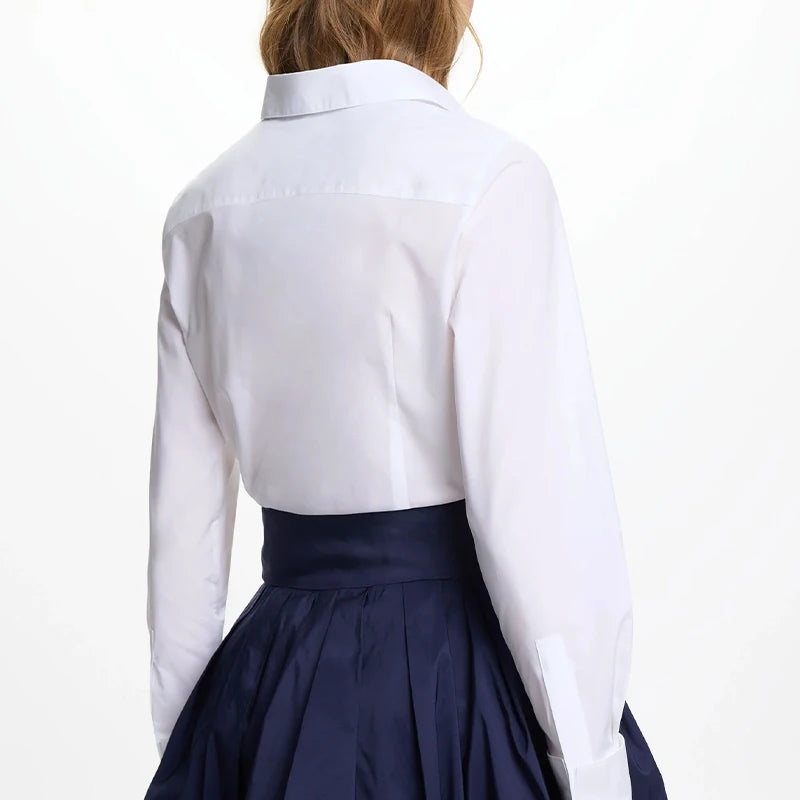 New Women White Button Down Shirt CH Emblem Long Sleeve Blouse Office Work Formal Breathable Lightweight Top