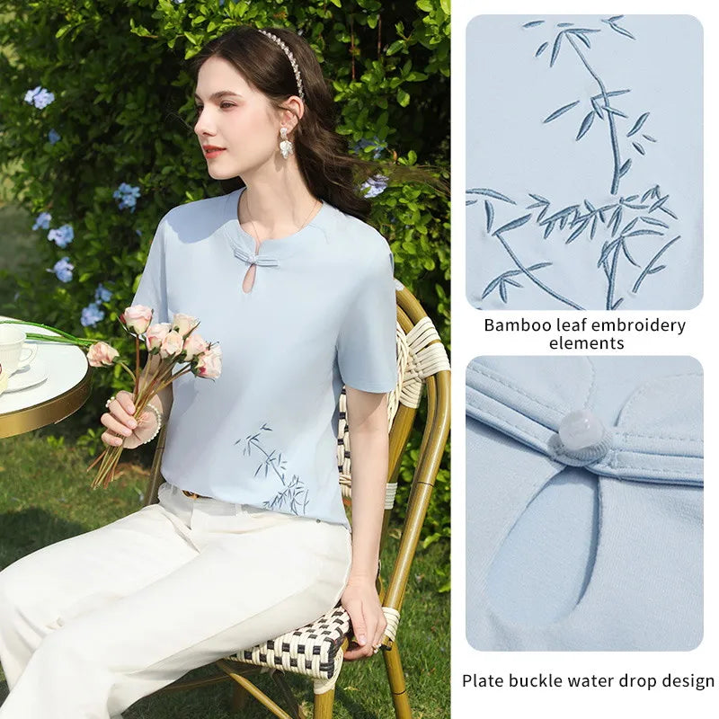 I BELIEVE YOU Light Blue Bamboo Embroidery T-Shirts 2026 Summer Chinese Knot Keyhole Neck Short Sleeve Casual Top 2261016298