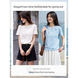VIMLY Women Summer T-shirt Three Dimensional Flower Blue Round Neck Short Sleeve Tee 2026 New Casual Versatile Top A6663