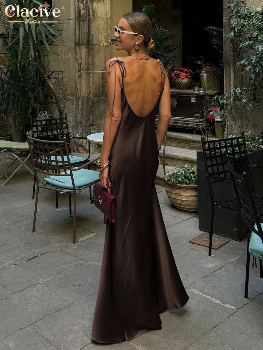 Clacive Fashion Loose Brown Satin Womens Dresses 2025 Summer Strap Sleeveless Floor Length Dress Sexy Backless Female Dress