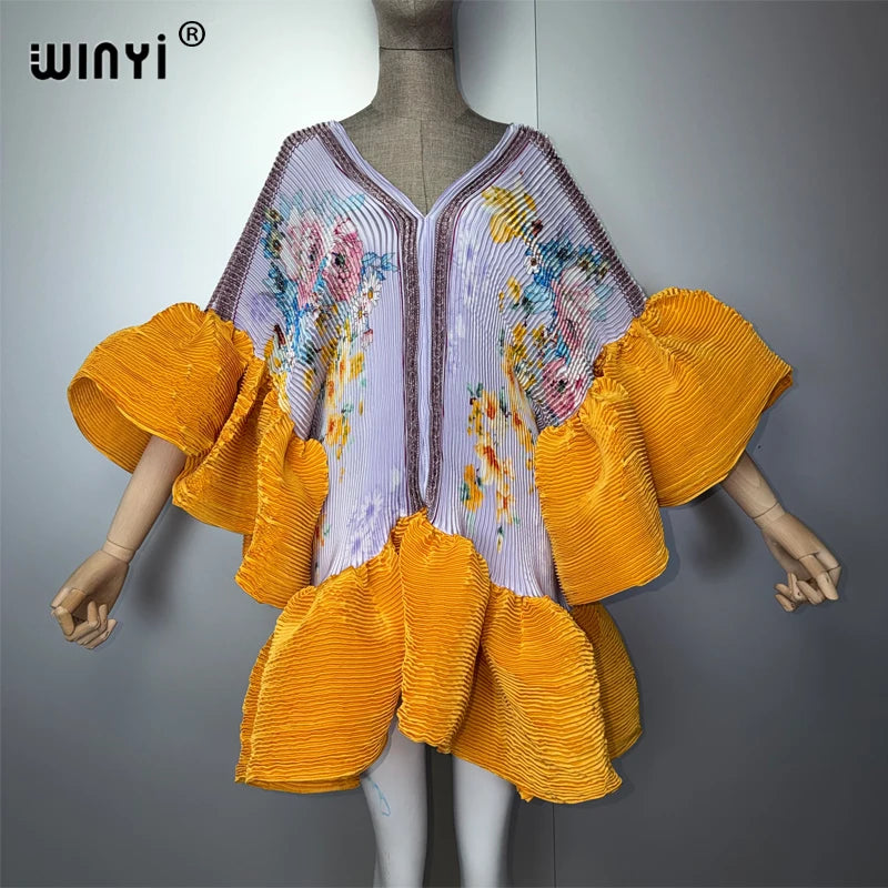 WINYI Women's Pleated Elastic Elegant Short Dress Beach Cover Up Kaftan Abaya Dubai Luxury Evening Wear Muslim Fashion