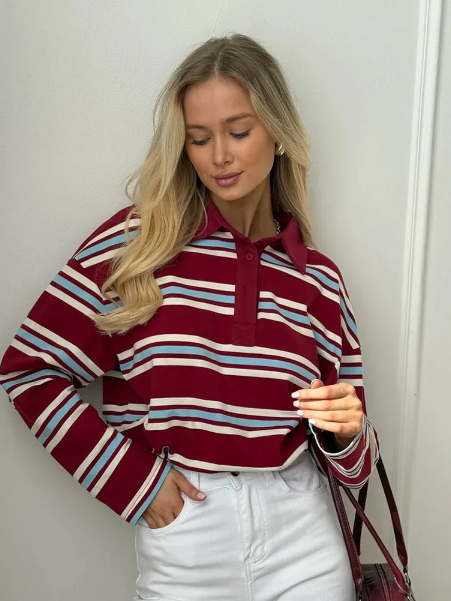 Wolfeel Women's Vintage Inspired Retro Striped Polo Collar Oversized Drop Shoulder Long Sleeve T-Shirt Trendy Casual Top