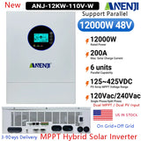 ANENJI Split Phase 12KW 48V Hybrid Solar Inverter Parallel Inverter Pure Sine 120V 220V On Grid MPPT 200A Solar Charger PV 500V