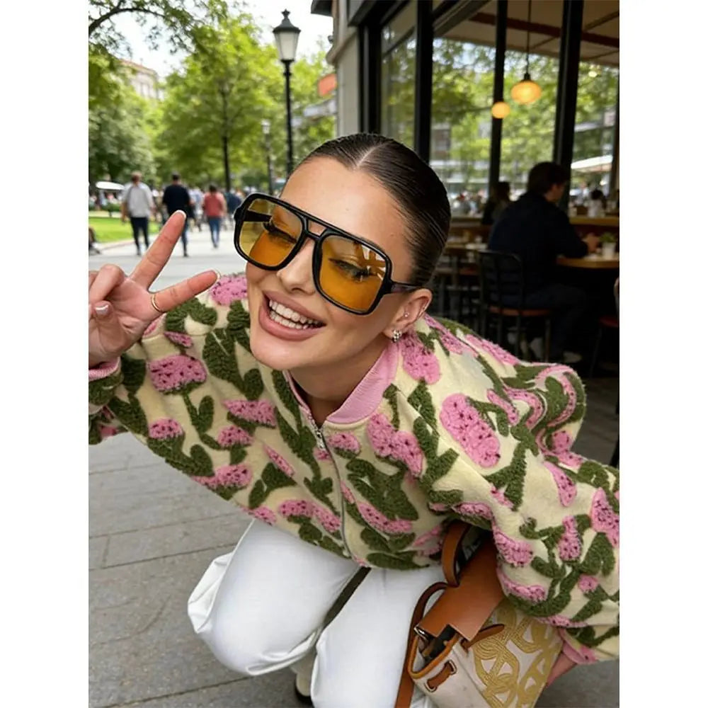 Dreamy Floral Plush Bomber Jacket Women, Oversized Zip Up Long Sleeve Fleece High Street Casual Coat