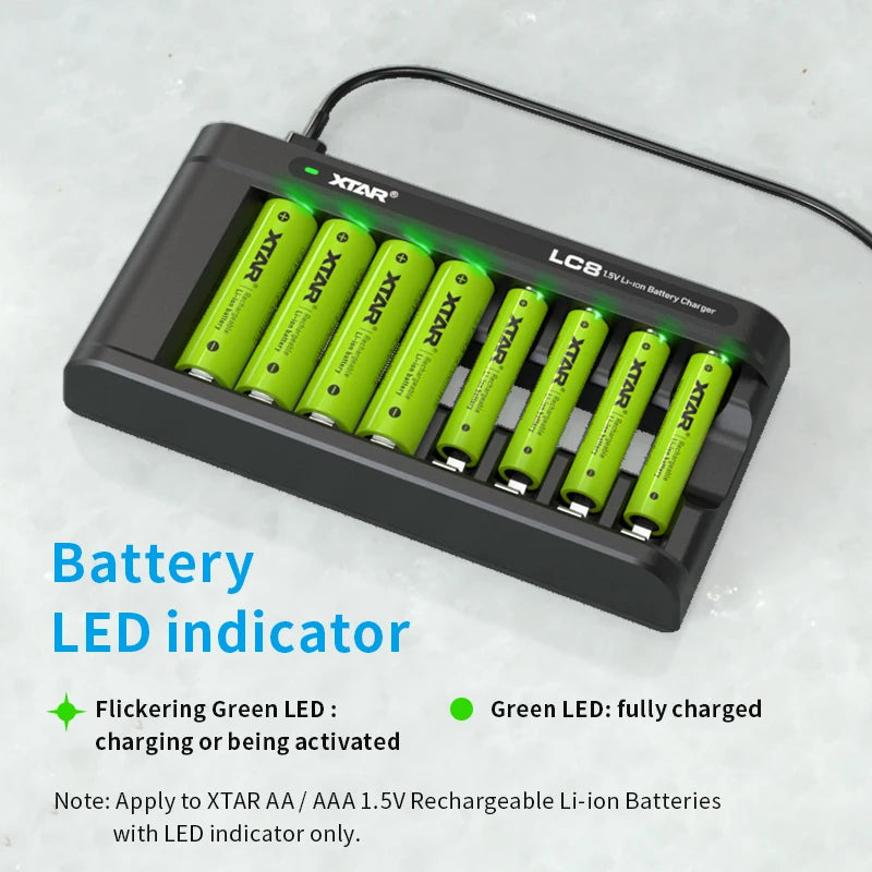 XTAR 8PCS AA 4150mWh 1.5V Li-Ion Rechargeable Battery+XTAR LC8 Smart 8 Bay Li-ion With IndicatorAA/AAA Battery Charger