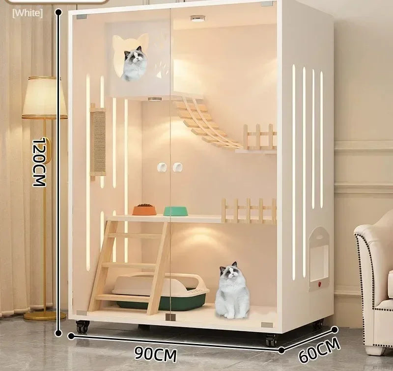 Premium Cream Style Pet Shop Cat Cage Density Board Cat House Double Layer Large Space Glass Door Light