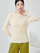LANMREM Pleated T-shirt For Women Ruffles Collar Long Sleeves Solid Color Slim Style Female Top 2025 Spring New 2DB1078