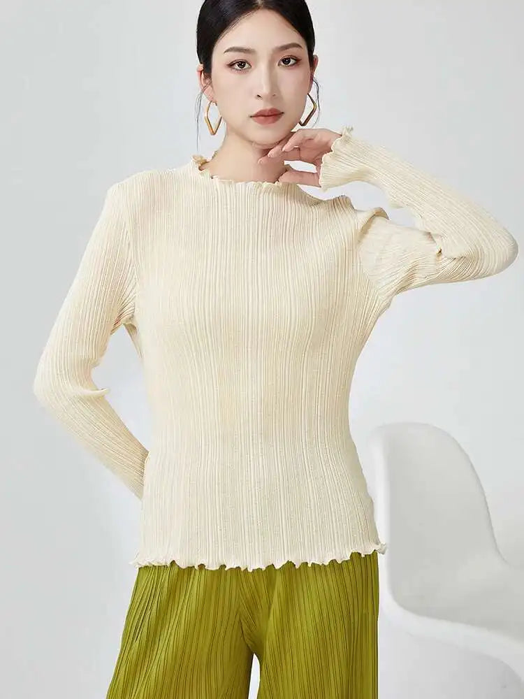 LANMREM Pleated T-shirt For Women Ruffles Collar Long Sleeves Solid Color Slim Style Female Top 2025 Spring New 2DB1078