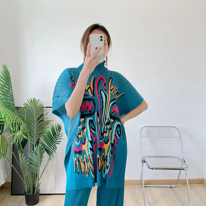 LANMREM Pleated Turtleneck Short Sleeves Women's Printing Long T-shirt Loose Casual Shawl Top Summer New Female Fashion 2DB8242