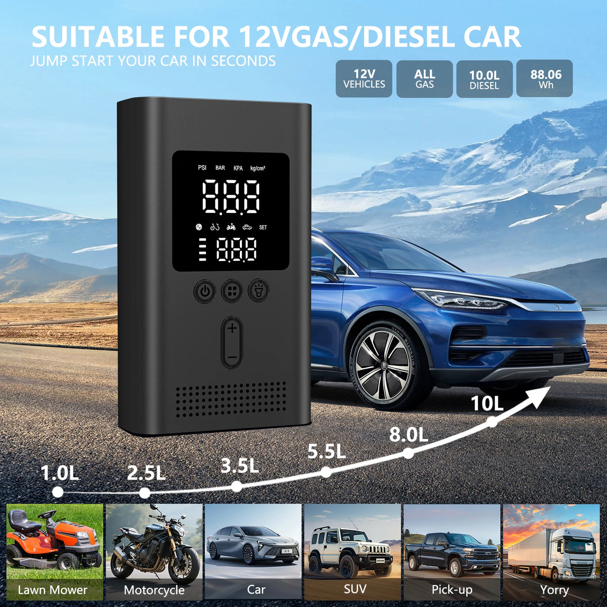 1500A Jump Starter Q9L with Air Compressor 150PSI Digital Tire Inflator Car Charger Booster Starting(9.0 Gas/6.5L Diesel)