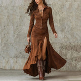 Fall Long Sleeve Button Western Dress Winter Wrap Asymmetric Ruffle Maxi Dress Trendy Flowy High Low Hem Cowgirl Elegant Dress