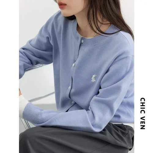 CHIC VEN Women T-Shirts New Multi Color Option Simple Solid Rabbit Embroidery Knitted Cardigan Sweater Autumn Spring 2025
