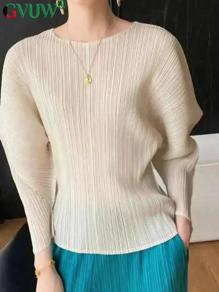 GVUW Pleated Round Collar T Shirt Women Full Sleeve Solid Color Versatile New 2025 Pullover Temperament Female Tops 17G8531