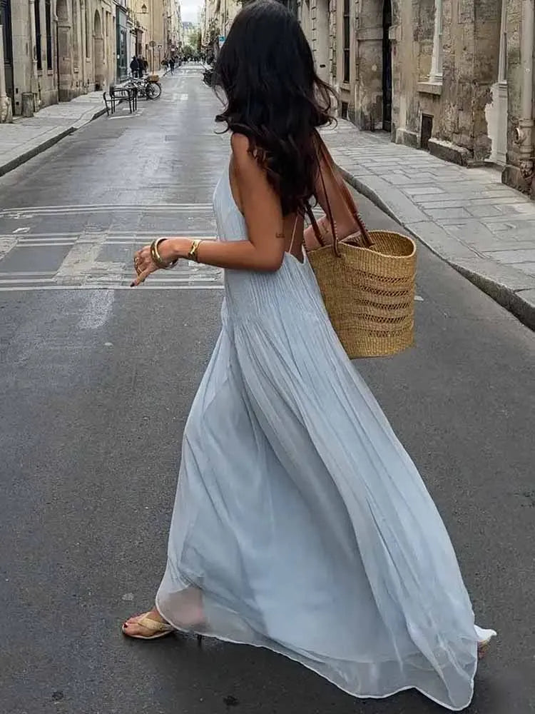 BKQU Spaghetti Strap Blue Pleated Long Dress Women Sexy V Neck Cross Backless Loose A-line Beach Party Elegant Ladies Robe 2025