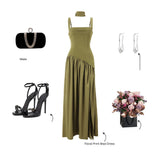 Suninheart Summer Elegant Olive Green Maxi Dress for Women Flowy Long Dress with Scarf Birthday Party Beach Graduation dress