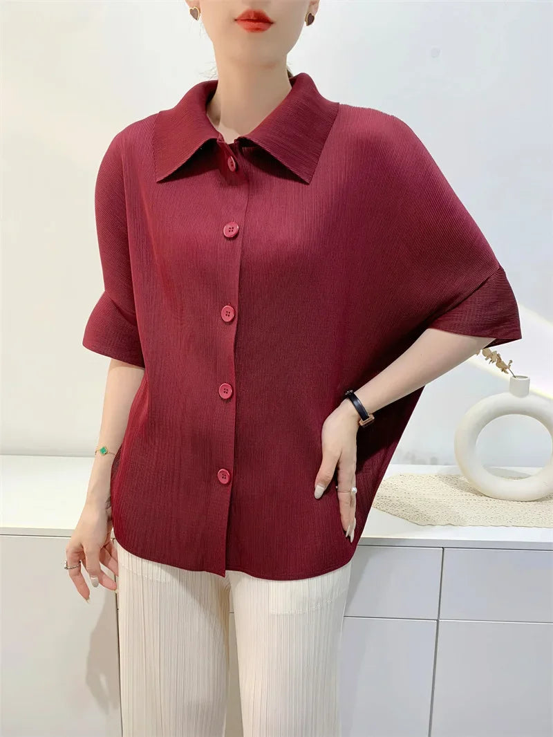 Miyake Pleated Lapel Button Up Short Sleeved Top for Women's Fashion,commuting Solid Color Shirt Spring 2024 Women's Clothing