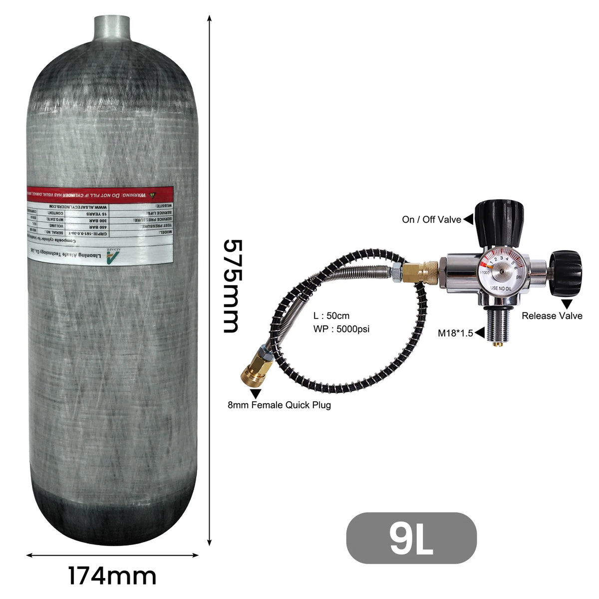 TUXING 4500Psi 300Bar 9L Carbon Fiber Cylinder High Pressure Diving Tank Filling Station Regulator Gauge Scuba Diving M18*1.5