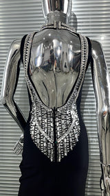 Sexy Backless Sparkling Diamond Sleeveless Midriff-baring Black Dress Dlegant Fashionable Birthday Party Valentino Day Vestido