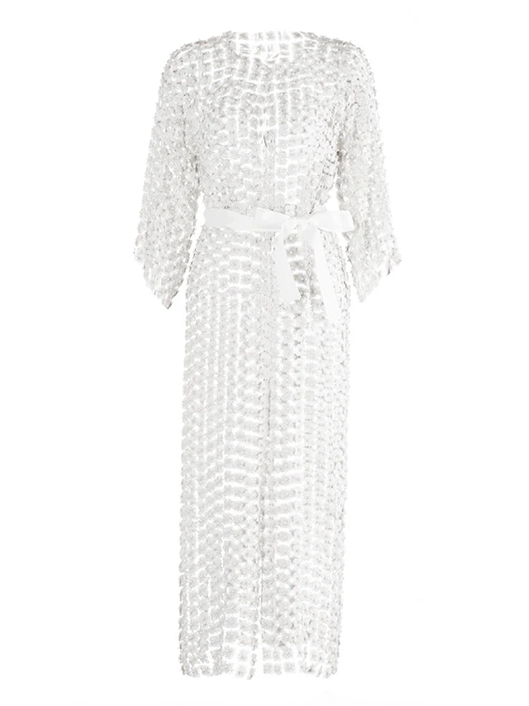 TWOTWINSTYLE Solid Patchwork Pearls Elegant Dresses For Women O Neck Long Sleeve Spliced Bowknot Midi Slimming Dress Female New
