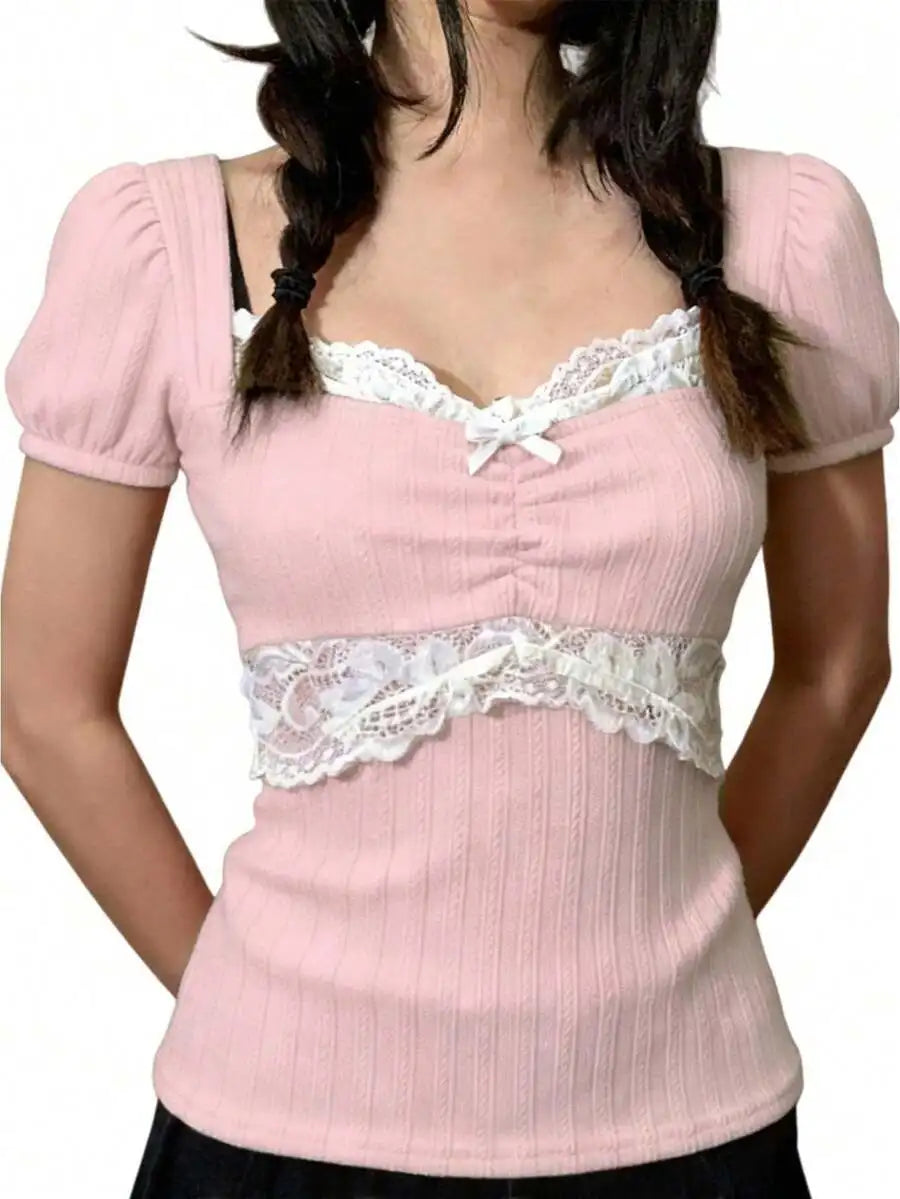 Womens Pink Puff Sleeve Sweetheart Neck Lace Patchwork Slim Fit Top