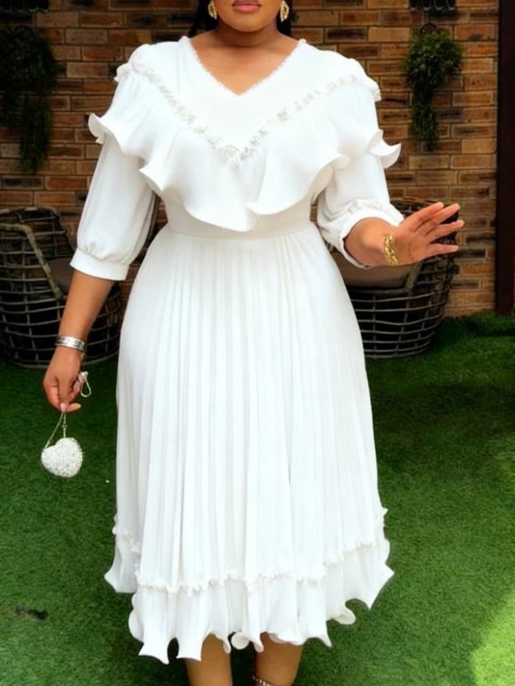 Women A Line Pleated Chiffon Dress V Neck Puff Sleeves Beading Ruffles Waist Belt Fashion African Female Evening Party Gown