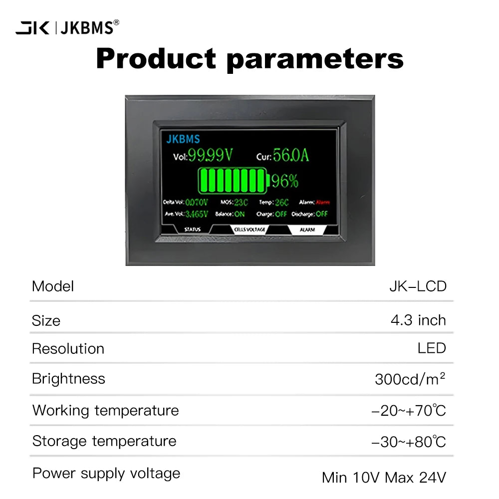 JKBMS accessory 4.3 inch LCD display suitable for all JK BMS models Cable120cm with 4 fixed screws Intelligent JKBMS accessory