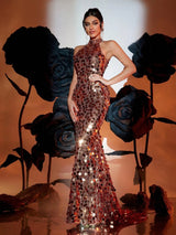 LOVE&LEMONADE Sexy Halter Neck Gold Sequin Backless Maxi Evening Dress for Women Wholesale Dropshipping LM86444