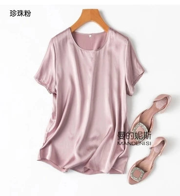 Benefits! Flowing Gem Series Basic Style Versatile Round Neck 100% Mulberry Silk Short Sleeve Silk Satin T-Shirt Top