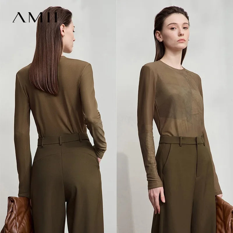 AMII Minimalist Women's Long Sleeve T-Shirt for Woman 2025 Autumn Round Neck Abstract Print Mesh Tees Casual Slim Tops 12513002