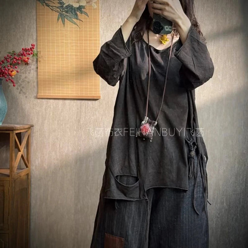 2025 New Arrival Autumn All-matched Good Quality Tops Tees Women Casual Cotton Tassel Design O-neck Long Sleeve T-shirt F64