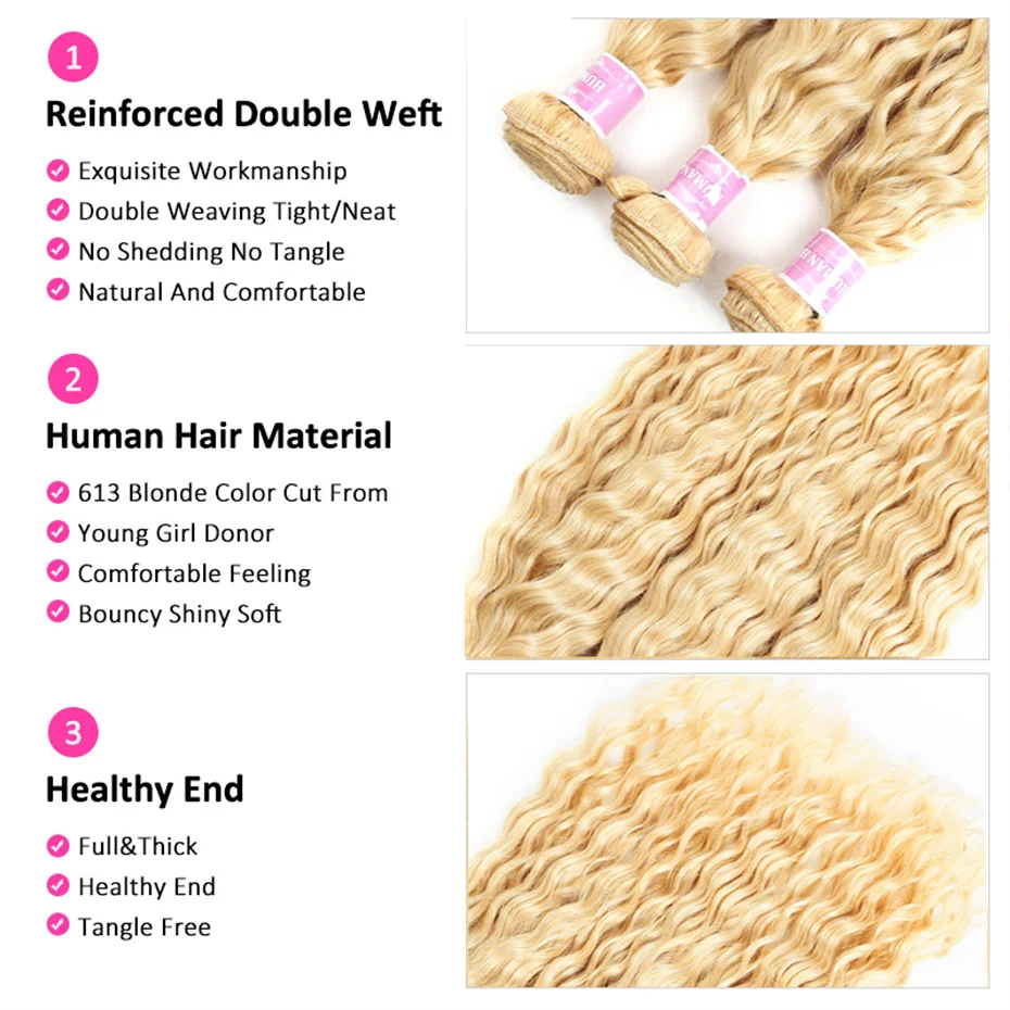 8-32 inch Deep Wave Human Hair Bundles Remy Brazilian Hair 613 Blonde