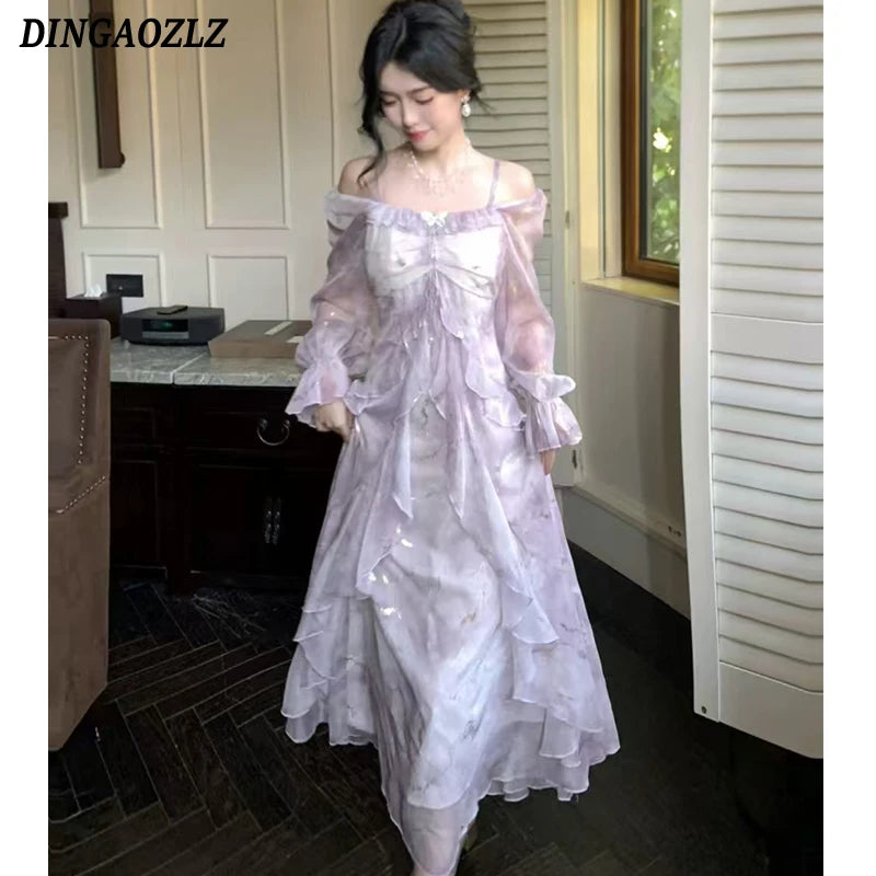 Summer Elegant Print Fairy Long Chiffon Dresses Women Off Shoulder Ruffles A-Line Birthday Party Dress One Piece Vestidos New