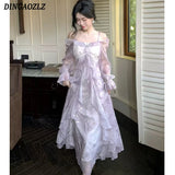 Summer Elegant Print Fairy Long Chiffon Dresses Women Off Shoulder Ruffles A-Line Birthday Party Dress One Piece Vestidos New