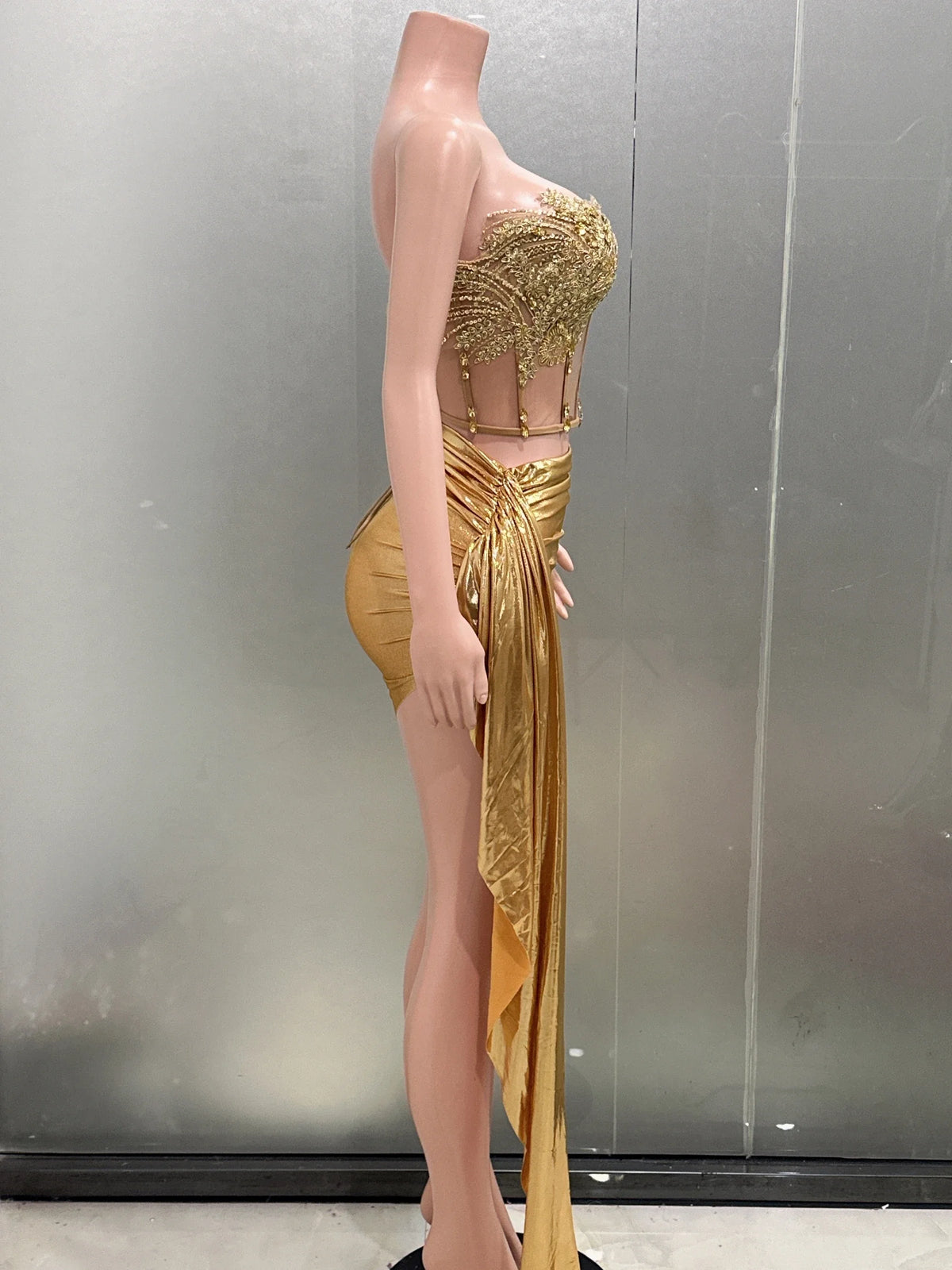 Gold Color Women Sexy 2 Pieces Strapless Bodycon Mini Dress Bar Singer Nightclub Party Celebrate Birthday Dress Wholesale