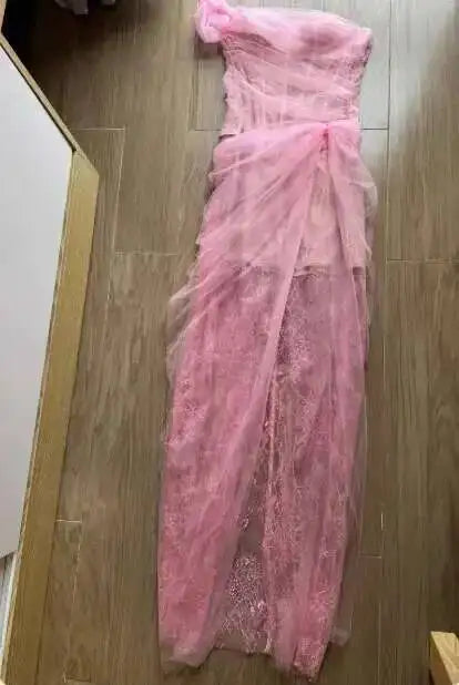 DEAT 2026 mesh dress for vacation,single straps high waist long vestido,pullover sheer fake two pieces party dresses