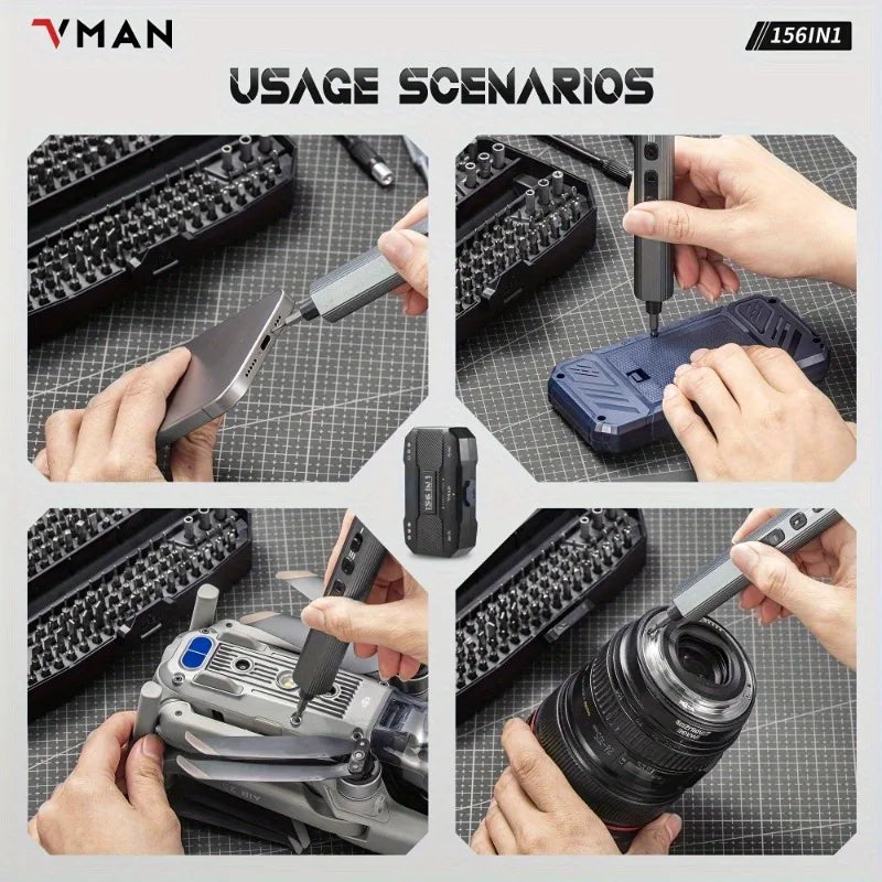 VMAN 156in1 Mini Electric Screwdriver Set Precision Repair Tools Magnetic Phillips Screw Driver Bits for iPhone PC Watch Camera