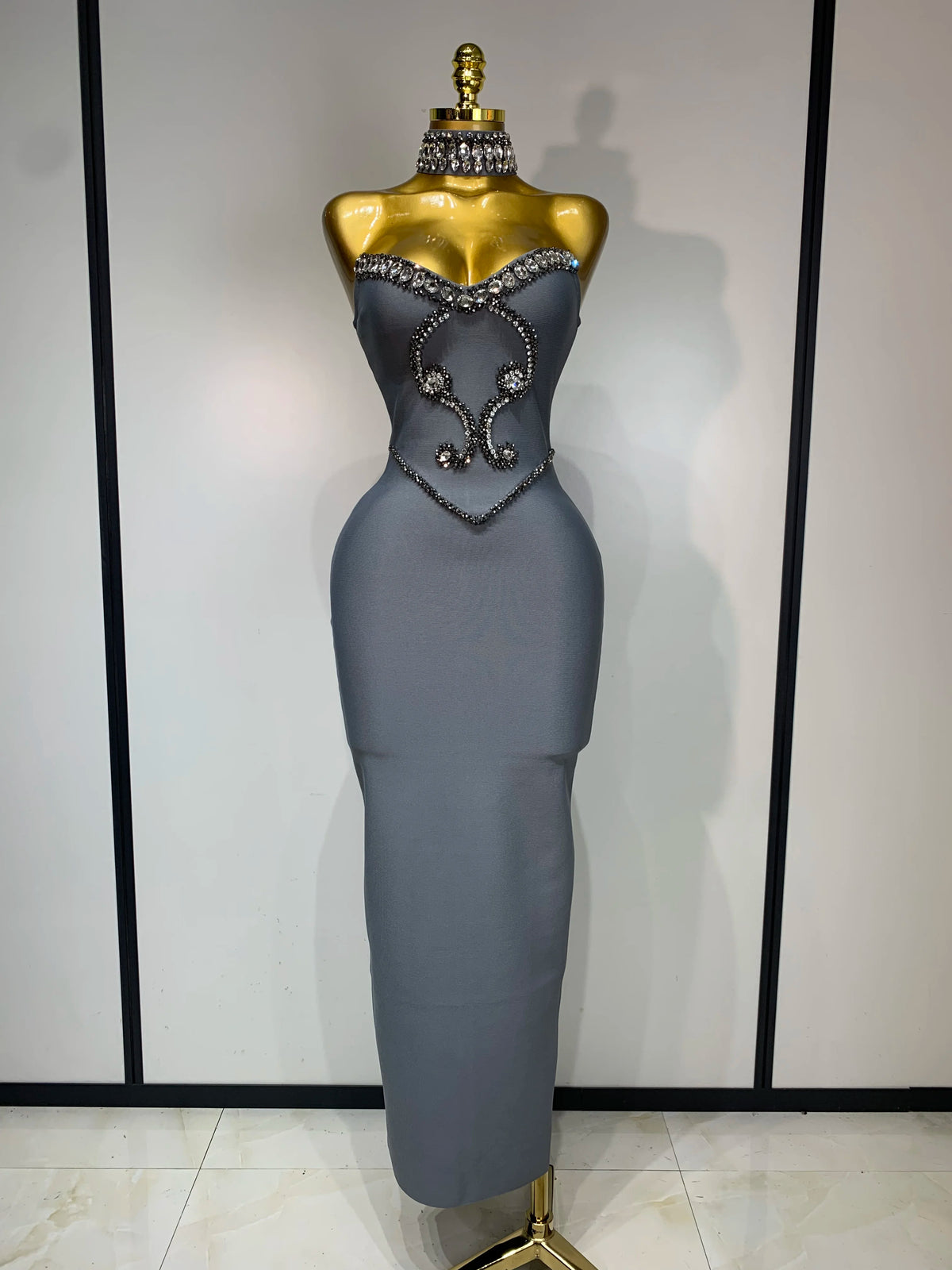 High Quality Strapless Beading With Necklace Bandage Dress Celebrity Elegant Evening Party Fancy Club Birthday Dresses