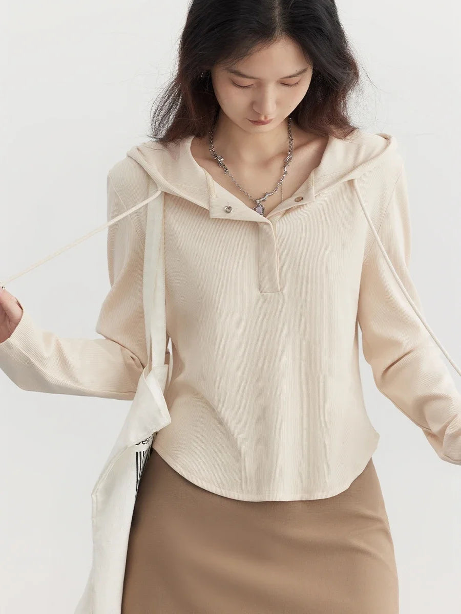 CHIC VEN Women T-Shirts New Casual Hooded Drawstring Layered Long Sleeved Slim Woman Knit Tees Female Tops Spring 2024