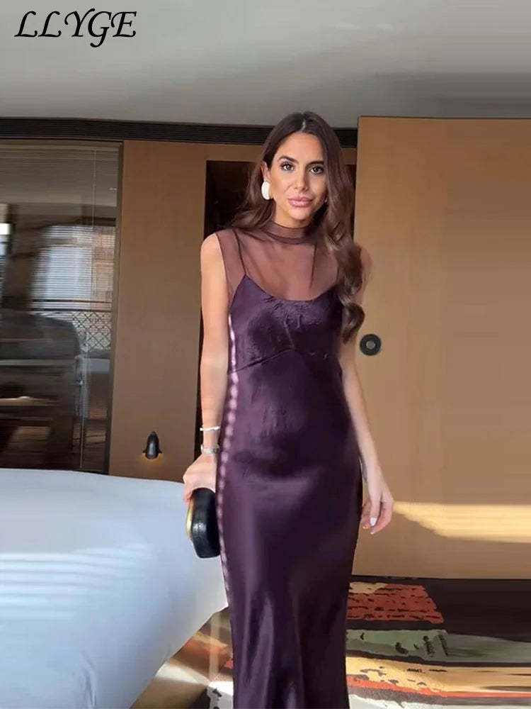 See Through Mesh Satin Patchwork Long Dress Women Half High Collar Sleeveless Backless Dresses 2026 Spring Lady Party Robes 2025