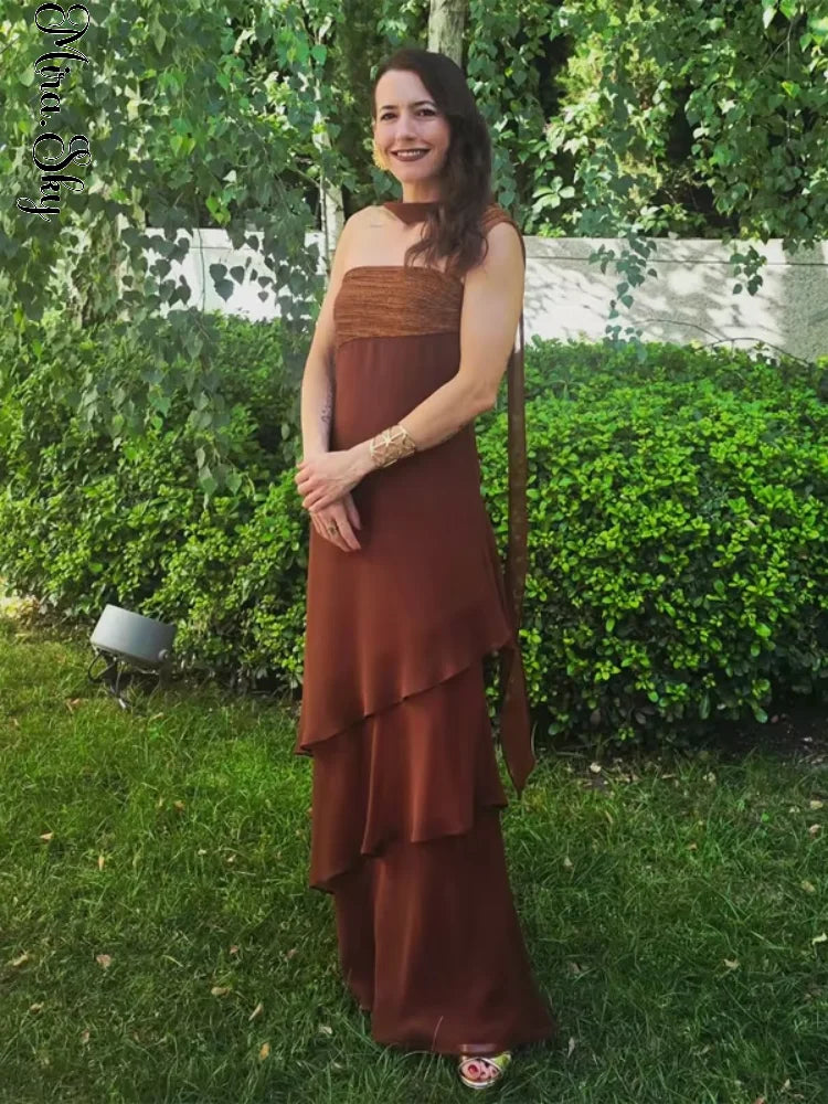 Brown Glitter Chiffon Tiered Maxi Dress Elegant One Shoulder Square Neck Flowy dresses 2026 Summer Formal Wedding Party gowns