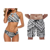 Summer Custom Wholesale Polynesian Couple Swimsuit Sets Collar-Necked Tie-On Design Women'S Beach Bikinis Men'S Beach Shorts
