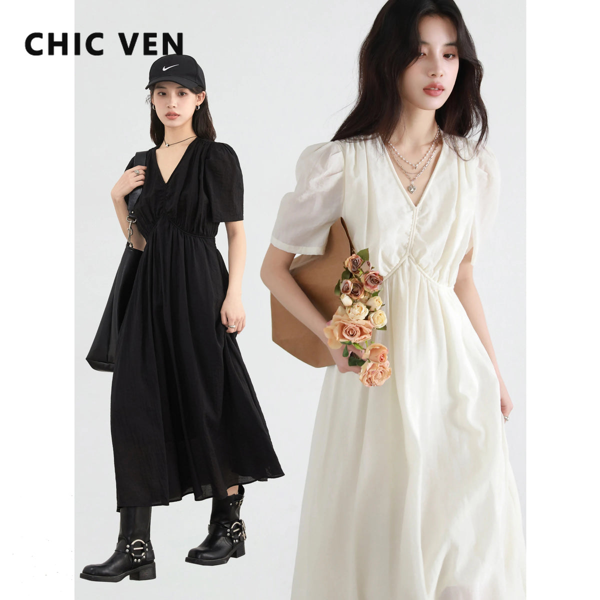 CHIC VEN Korean Women Dresses Solid Loose Casual New V-neck A Line Short Bubble Sleeves Female Long Dress Spring Summer 2025