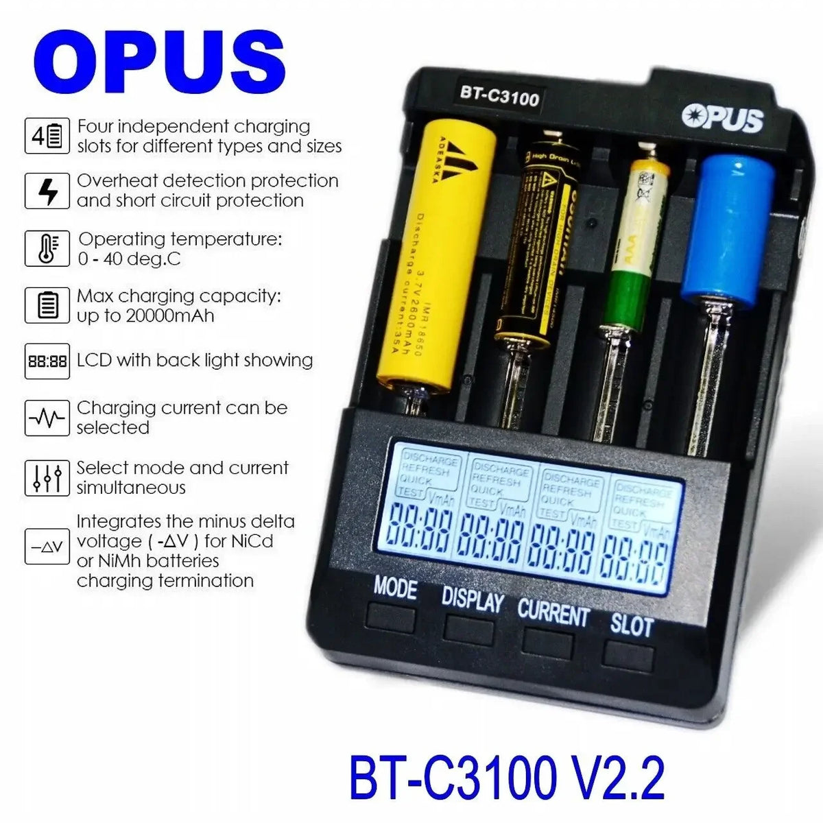New Opus BT-C3100 V2.2 Digital Intelligent 4 Slots AA/AAA LCD 18650 Battery Charger Opus BT -C3100 V2.2 Battery Charger