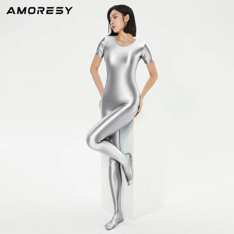 AMORESY Women Shiny Glossy Silky Short Sleeve Tights Tops Oil Round Neck Pullover Sports Running Stretch Fitness T-shirt Outdoor
